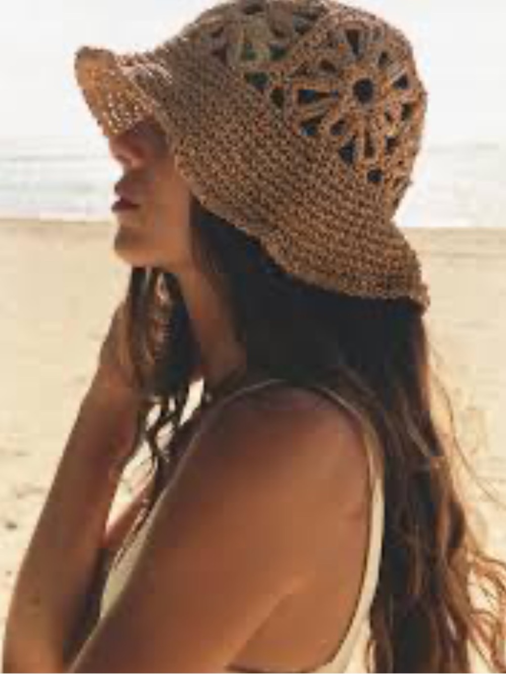 Free People Straw Crochet Sun Hat in Natural Tan like new